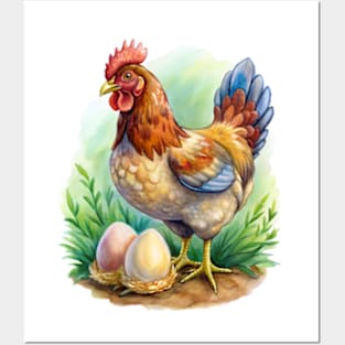 Watercolor Egger Chicken with Eggs Posters and Art